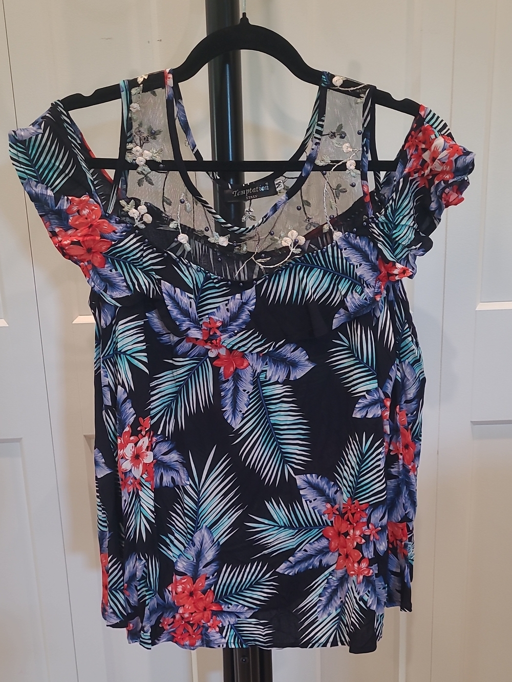 Temptations Navy Tropical Floral Cold-Shoulder Top with Mesh Embroidery